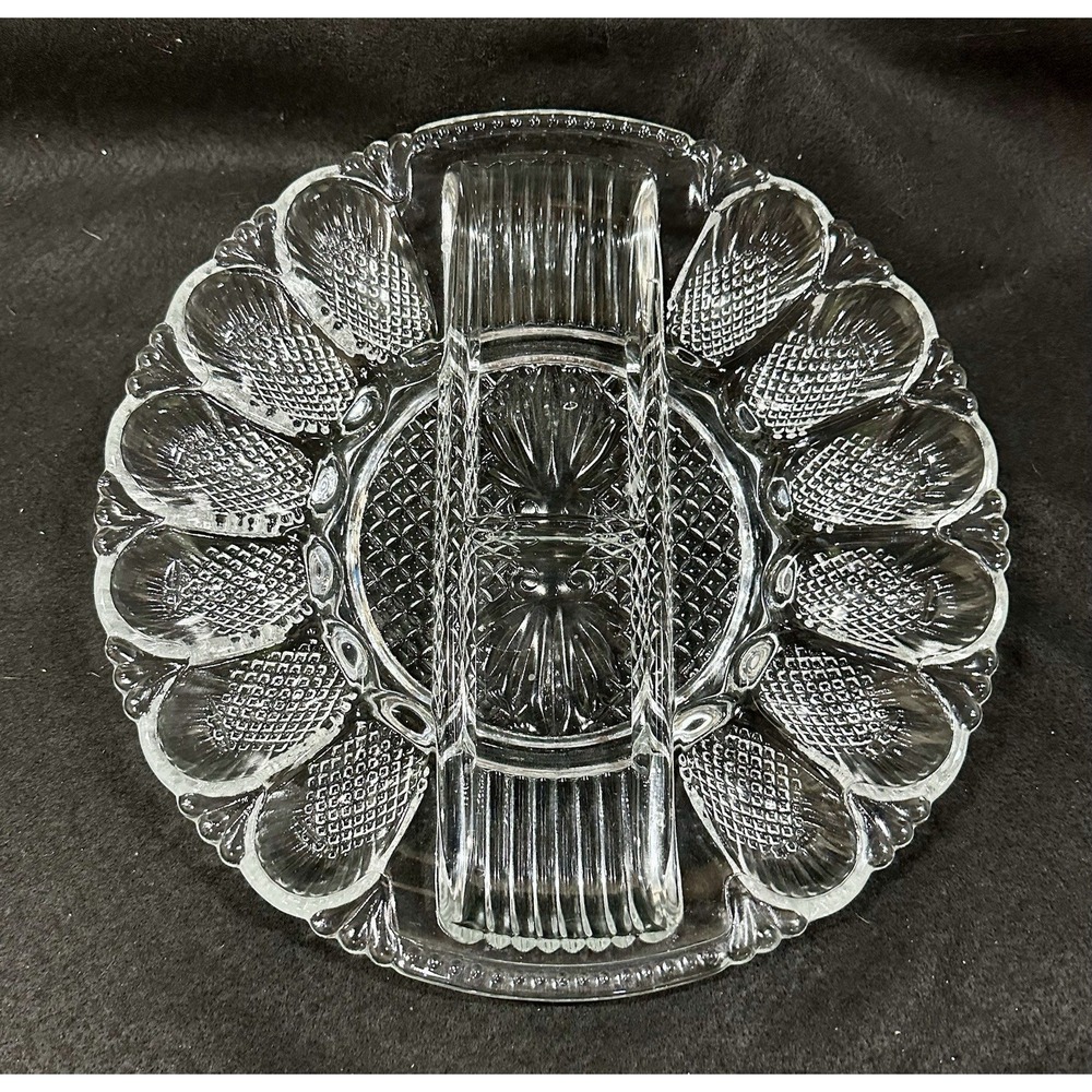Vintage‎ 11" L E Smith Heritage Clear Glass Deviled Egg Relish Plate Dish HEAVY